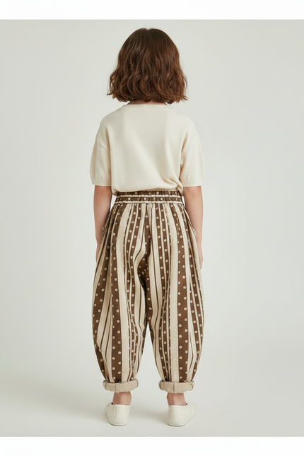 Pantalon Chinois Sarouel Rayé Pois Ample Enfant - Marron Toile - vue 2