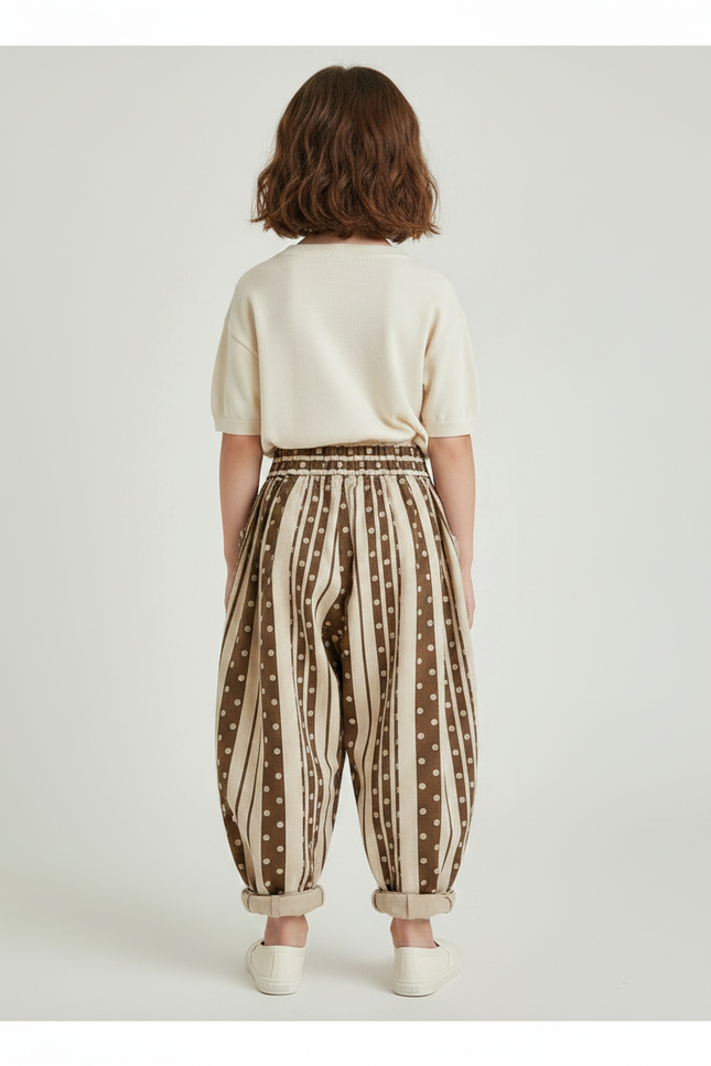 Pantalon Chinois Sarouel Rayé Pois Ample Enfant - Marron Toile - vue 2