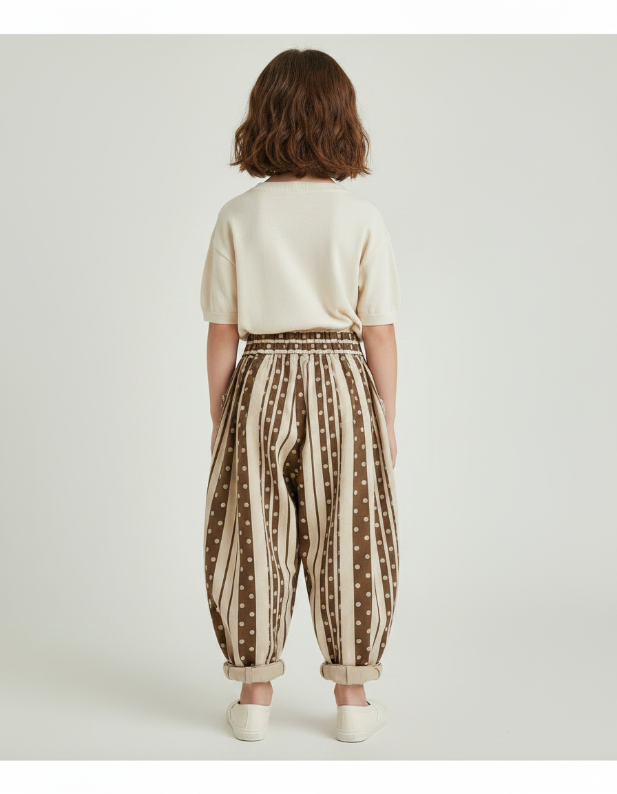 Pantalon Chinois Sarouel Rayé Pois Ample Enfant - Marron Toile - vue 2