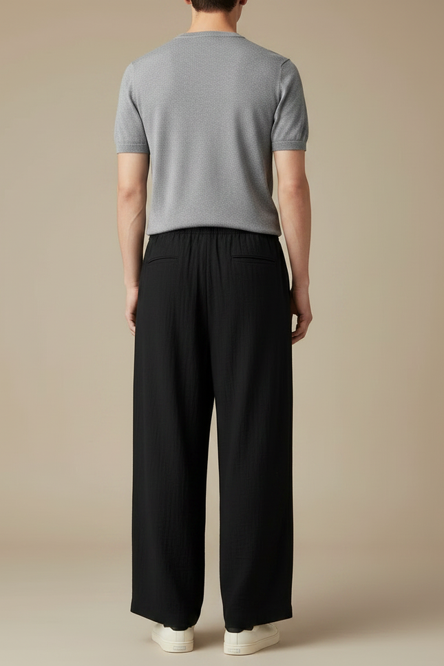 Pantalon Chinois Noir Ample Coton Plissé Décontracté - vue 2