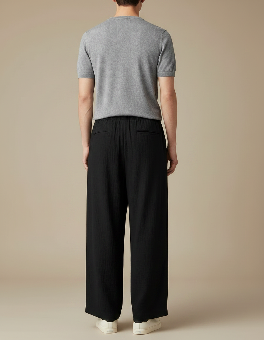 Pantalon Chinois Noir Ample Coton Plissé Décontracté - vue 2