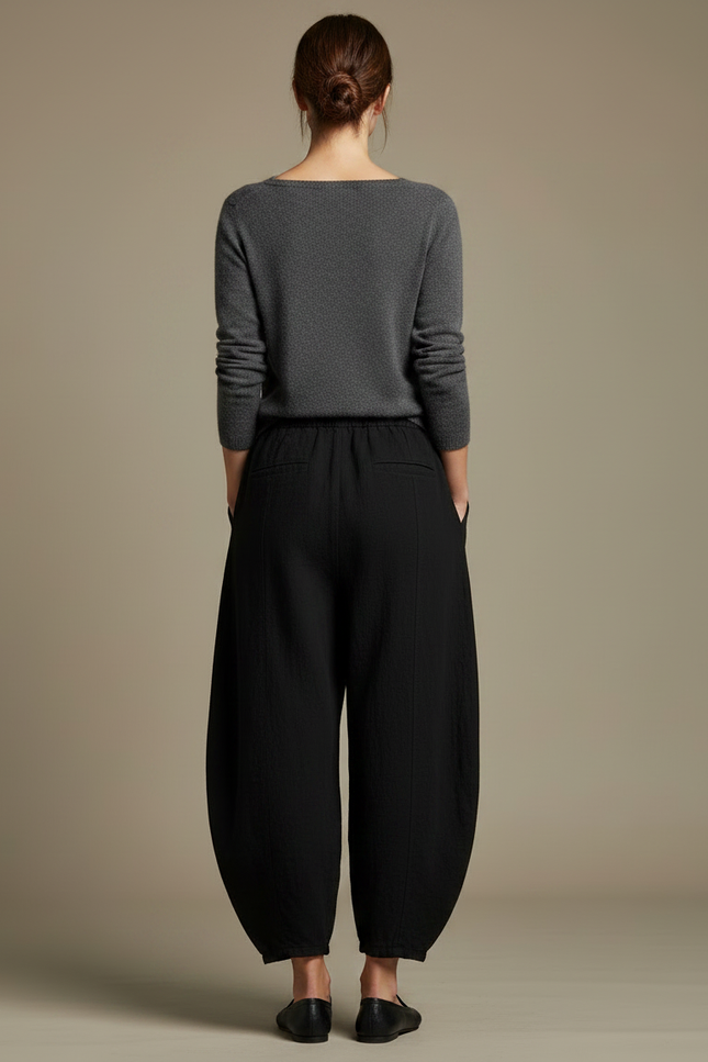 Pantalon Chinois Noir Ample Coton Lin Confortable - vue 2