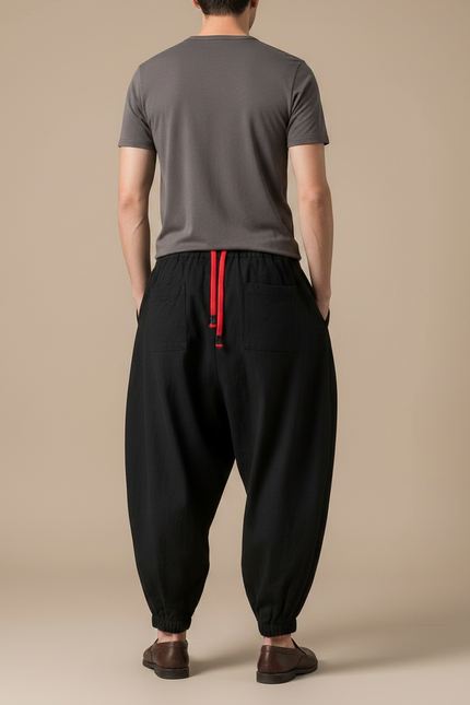 Pantalon Chinois Noir Ample Cordon Rouge Homme - Lin - vue 2