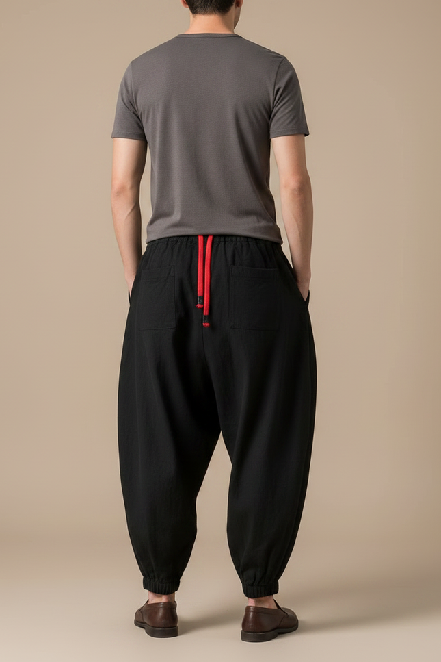 Pantalon Chinois Noir Ample Cordon Rouge Homme - Lin - vue 2