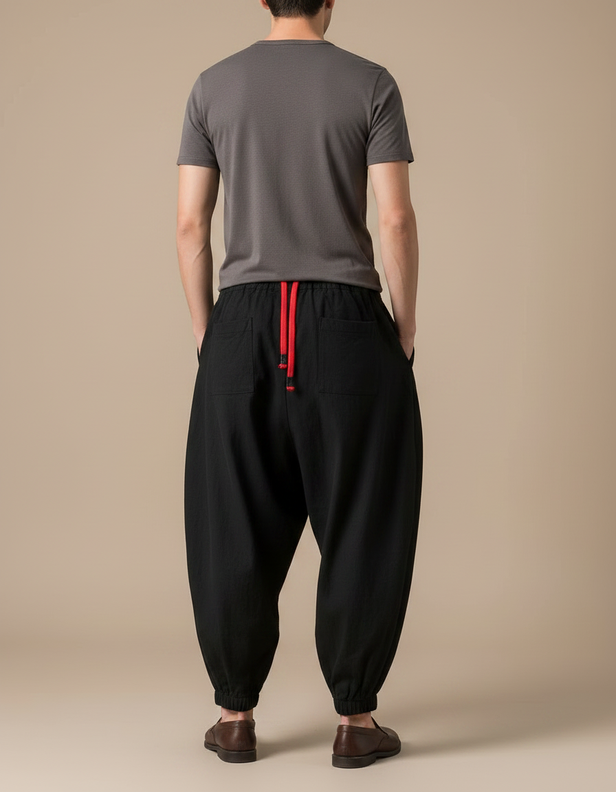 Pantalon Chinois Noir Ample Cordon Rouge Homme - Lin - vue 2