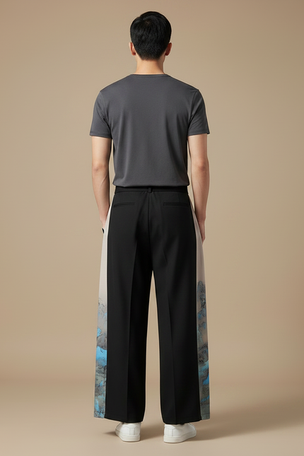 Pantalon Chinois Noir Ample Imprimé Paysage Soie Homme - vue 2