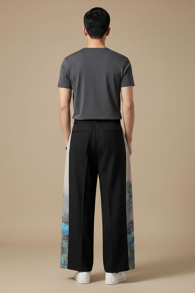 Pantalon Chinois Noir Ample Imprimé Paysage Soie Homme - vue 2