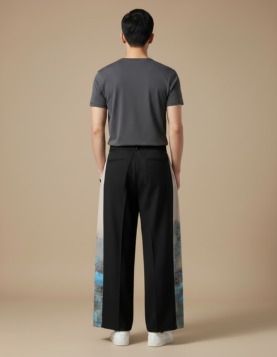 Pantalon Chinois Noir Ample Imprimé Paysage Soie Homme - vue 2