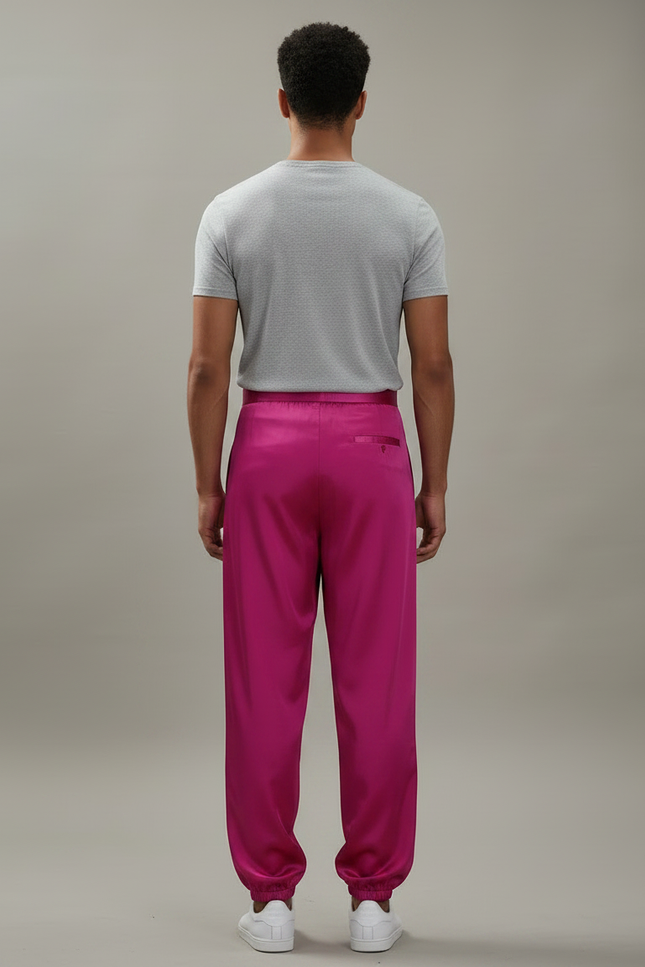 Pantalon Chinois Fuchsia Satiné Ample Élastiqué Homme - Rose - vue 2