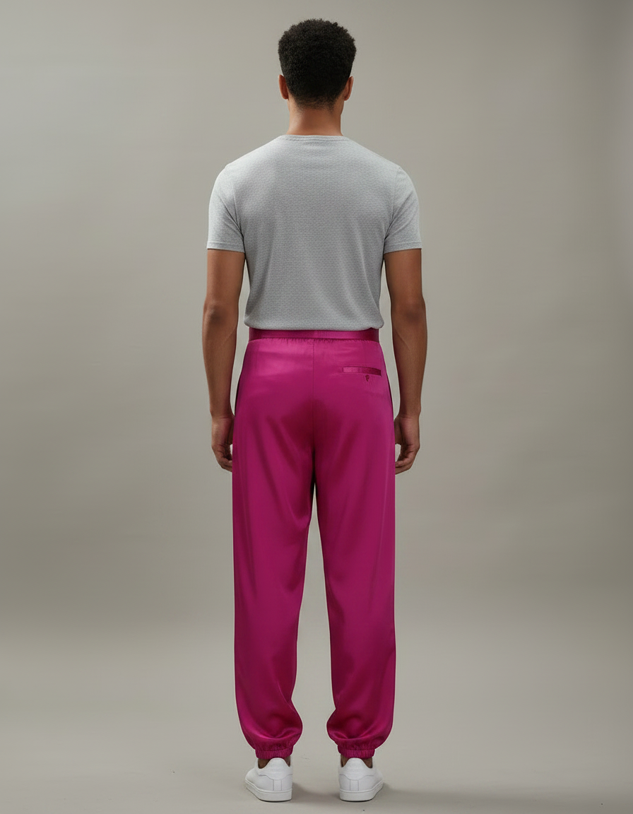 Pantalon Chinois Fuchsia Satiné Ample Élastiqué Homme - Rose - vue 2