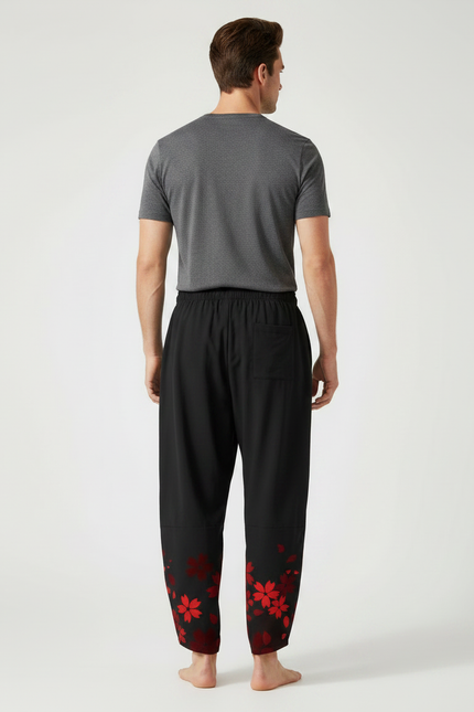 Pantalon Chinois Noir Masque Renard Fleurs Rouges Ample - Coton - vue 2
