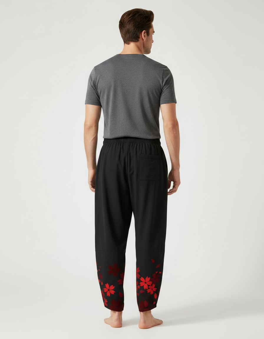 Pantalon Chinois Noir Masque Renard Fleurs Rouges Ample - Coton - vue 2
