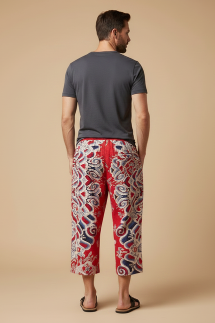Pantalon Chinois Rouge Motif Ethnique Ample Décontracté Homme - Lin - vue 2