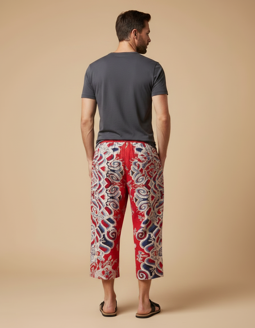 Pantalon Chinois Rouge Motif Ethnique Ample Décontracté Homme - Lin - vue 2