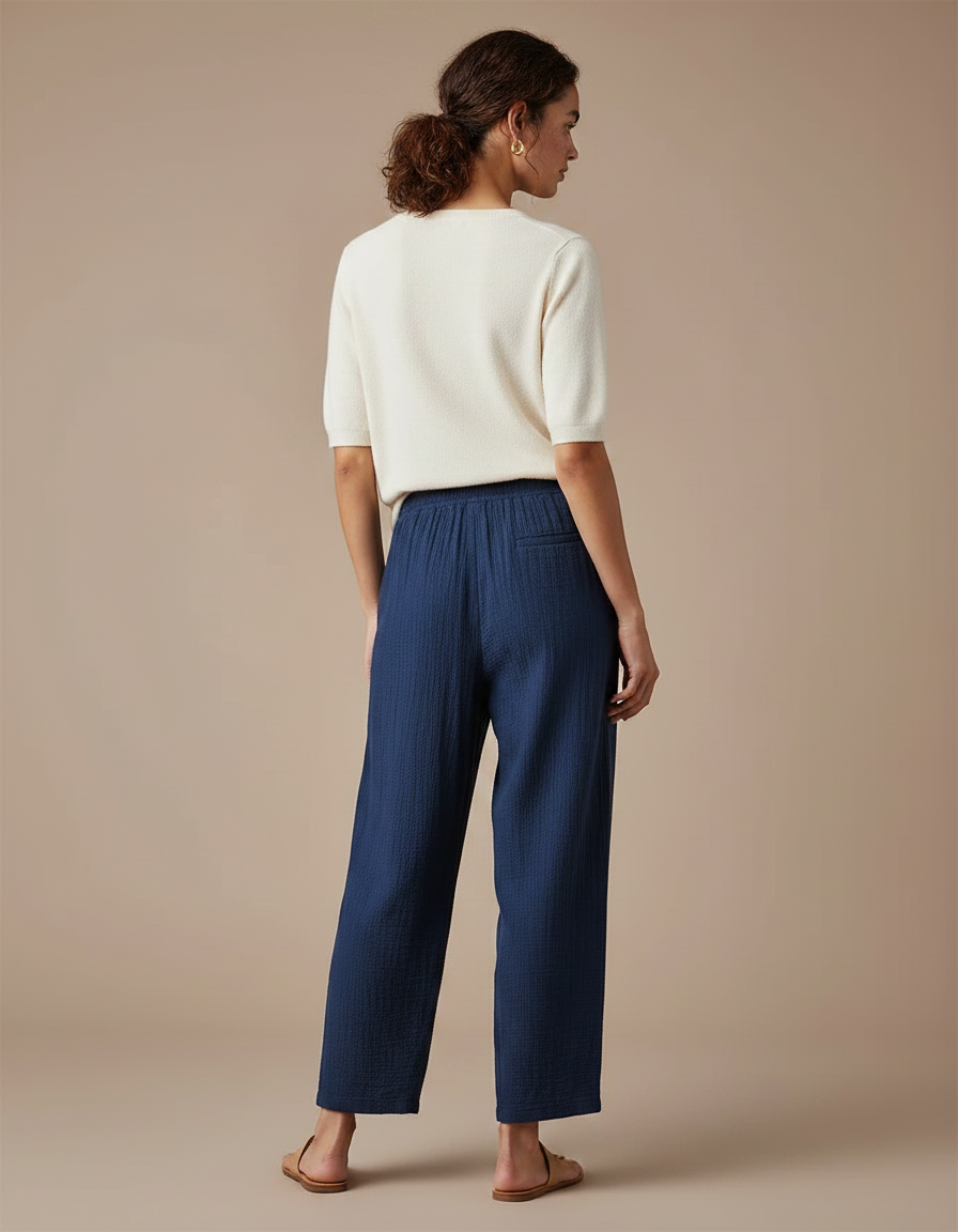 Pantalon Chinois Bleu Marine Ample Coton Fluide - vue 2