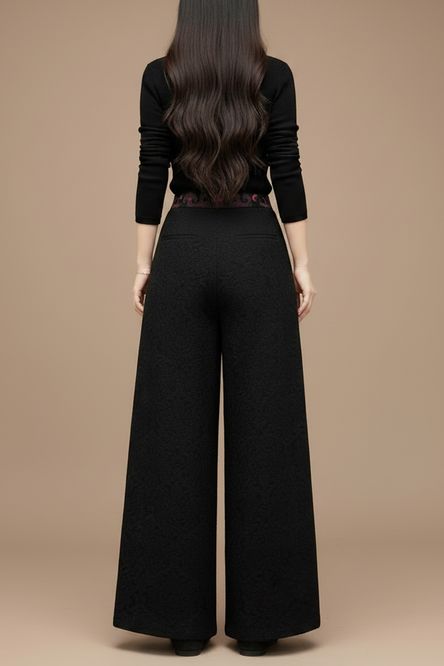 Pantalon Chinois Noir Brodé Ample Jacquard Ethnique Femme - Polyester - vue 2