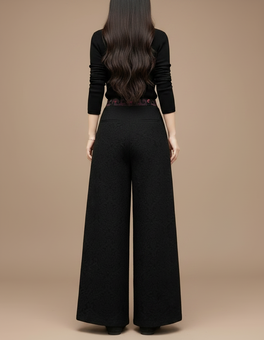 Pantalon Chinois Noir Brodé Ample Jacquard Ethnique Femme - Polyester - vue 2