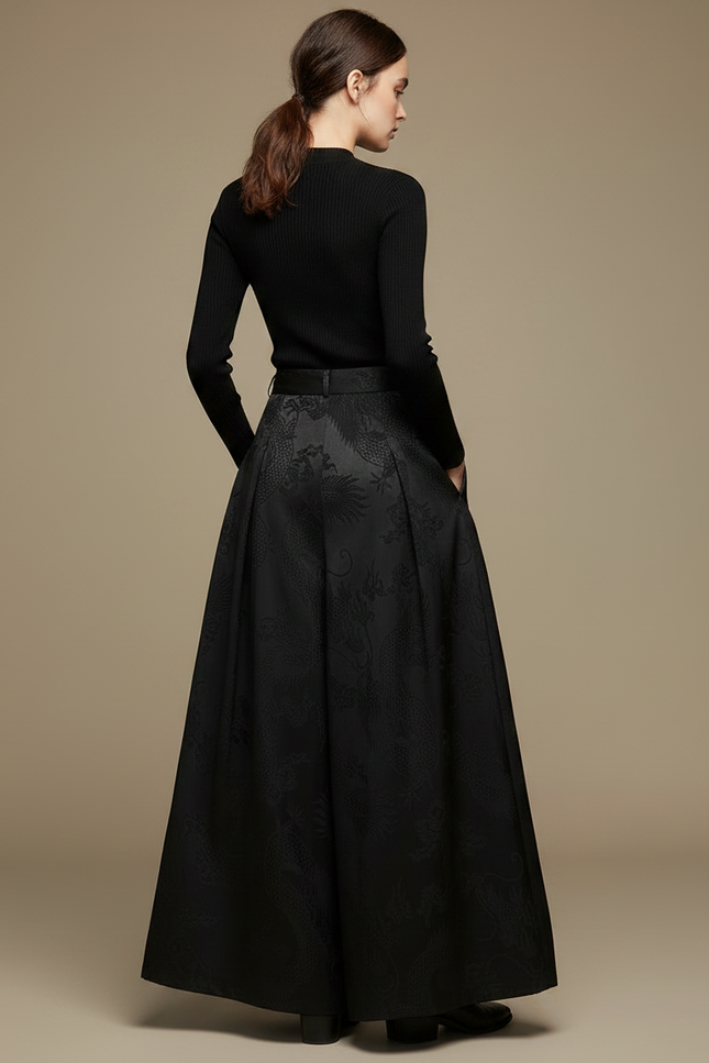 Pantalon Chinois Noir Jacquard Dragon Ample Élégant - Satin - vue 2