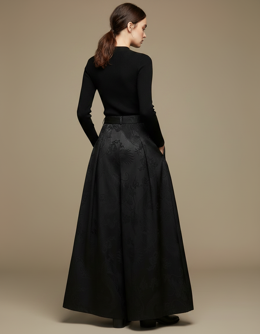 Pantalon Chinois Noir Jacquard Dragon Ample Élégant - Satin - vue 2