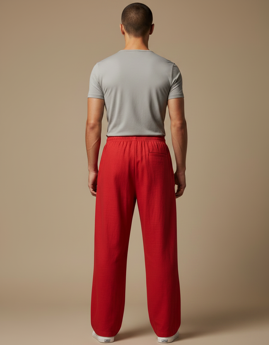 Pantalon Chinois Rouge Ample Lin Décontracté Homme - vue 2