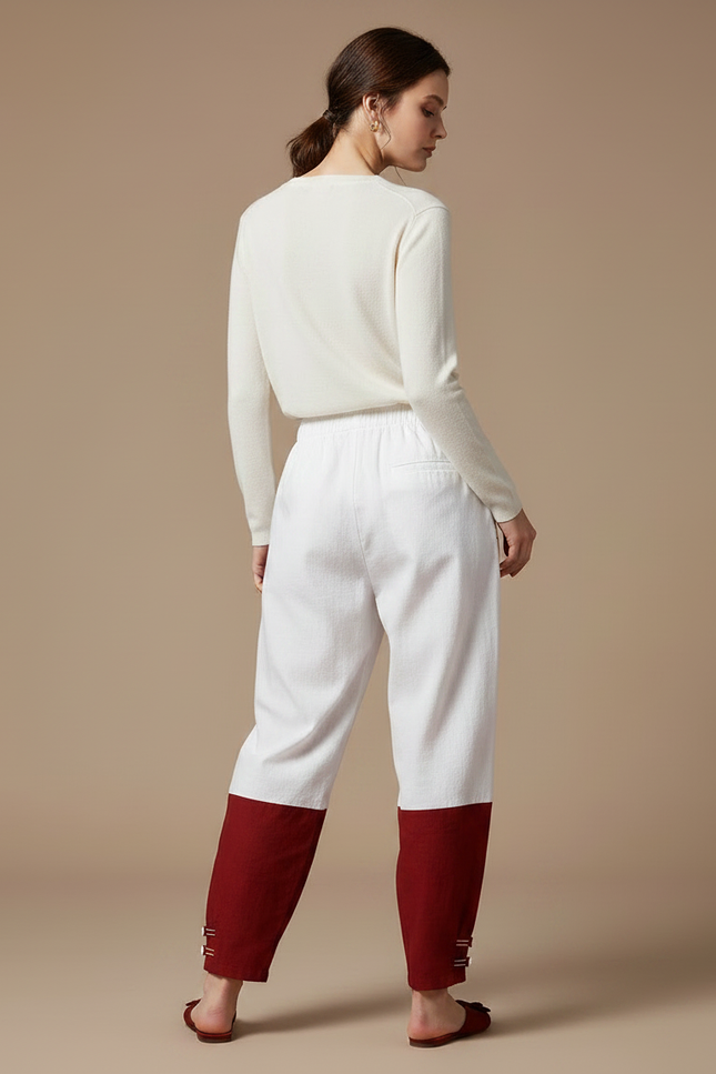 Pantalon Chinois Bicolore Ample Coton Décontracté Femme - Multicolore Lin - vue 2