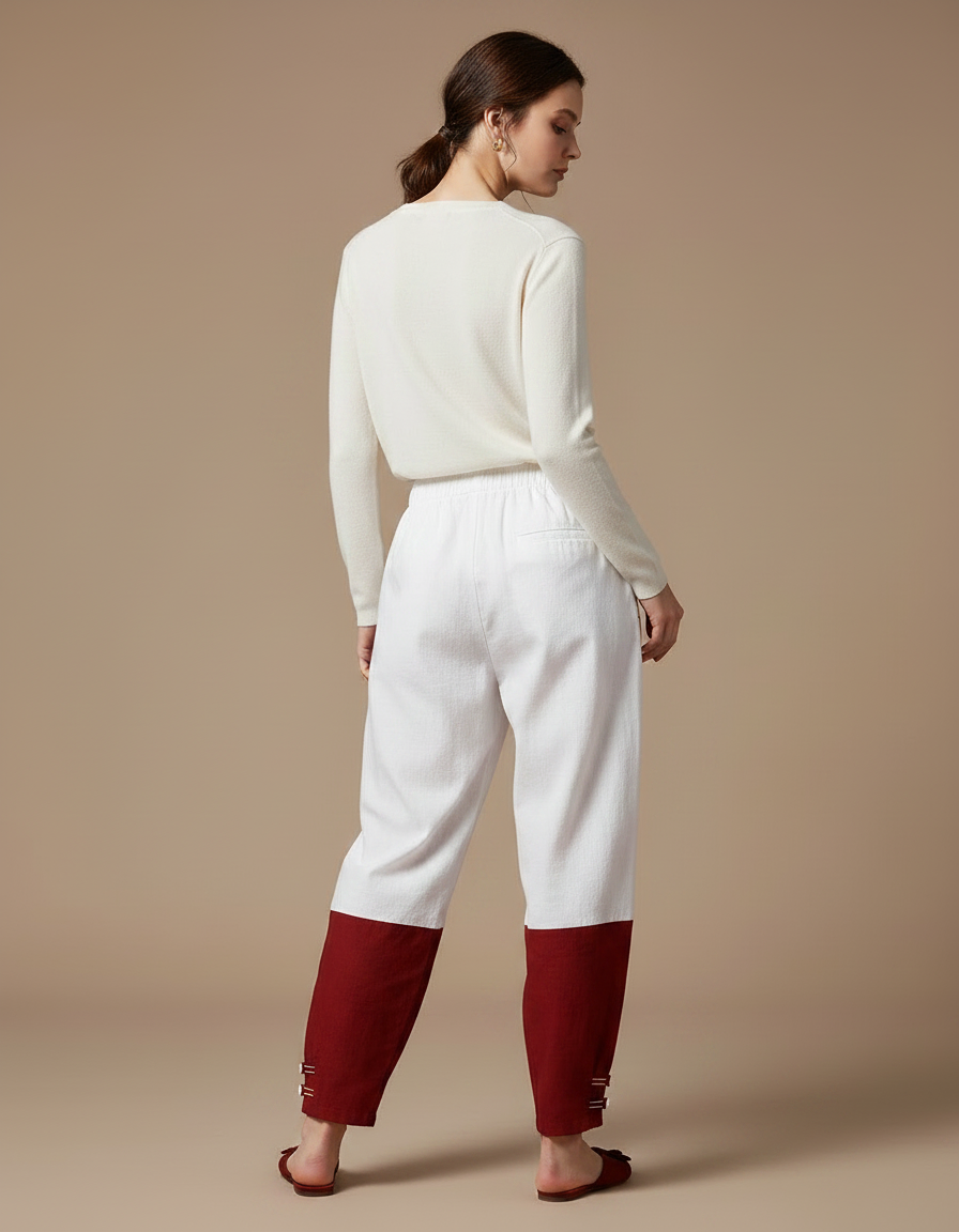 Pantalon Chinois Bicolore Ample Coton Décontracté Femme - Multicolore Lin - vue 2