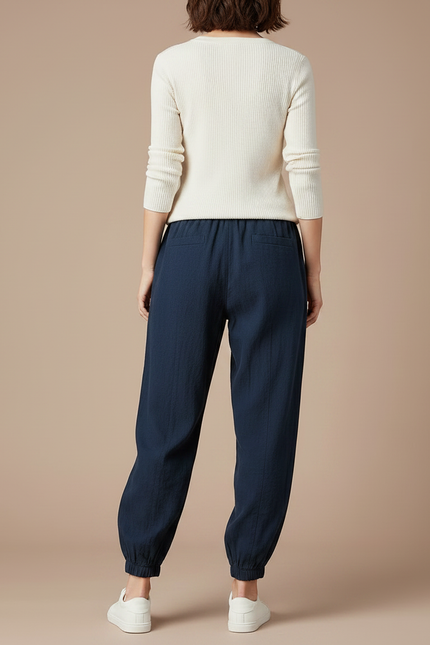 Pantalon Chinois Bleu Marine Brodé Grue Ample Décontracté - Lin - vue 2