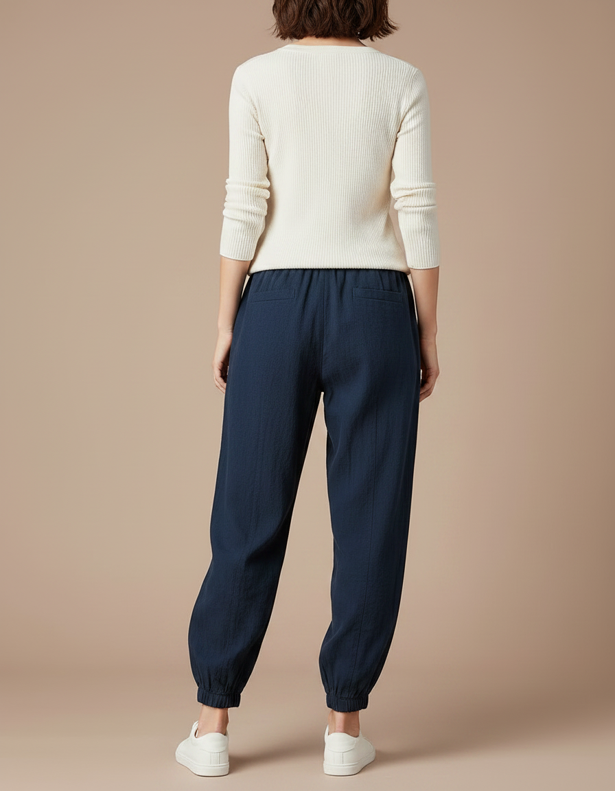 Pantalon Chinois Bleu Marine Brodé Grue Ample Décontracté - Lin - vue 2