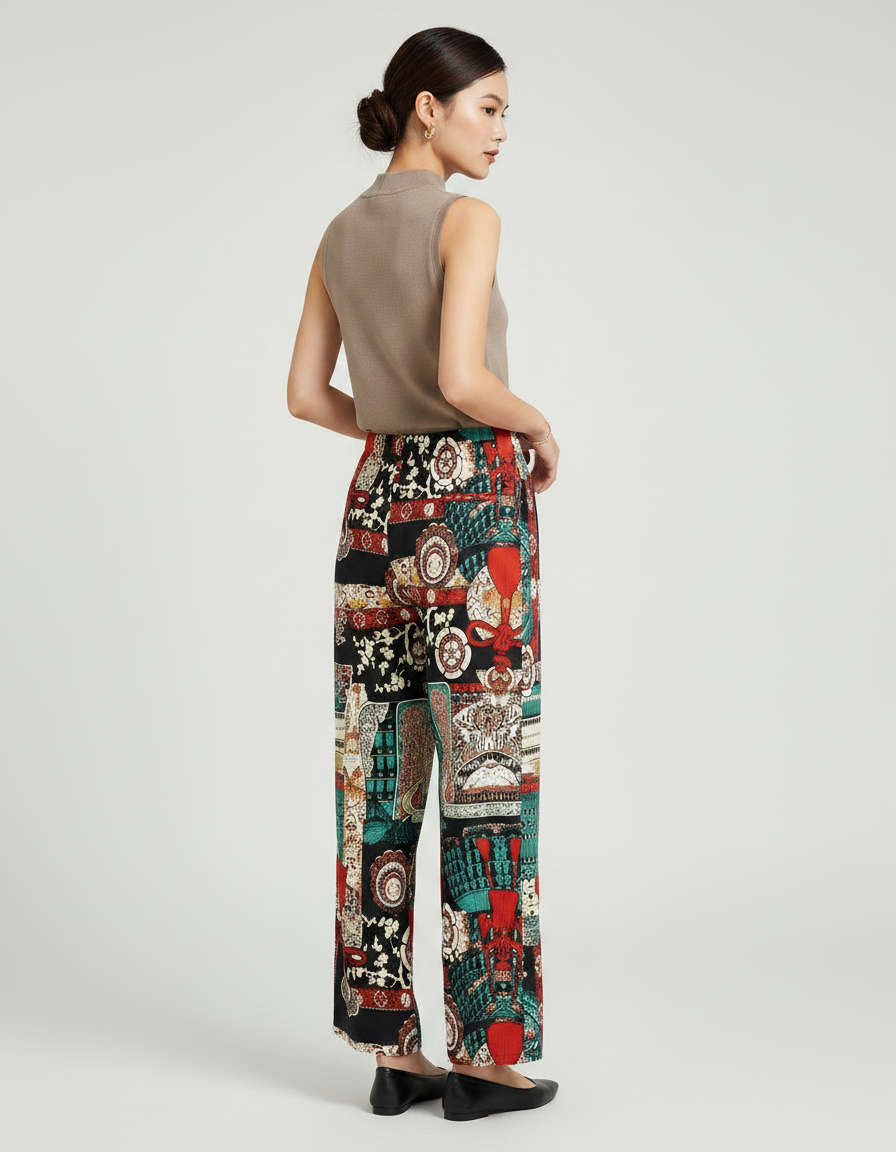 Pantalon Chinois Imprimé Multicolore Ample Fluide Décontracté Élégant - Viscose - vue 2