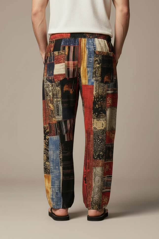 Pantalon Chinois Patchwork Ethnique Ample Lin Homme - Multicolore - vue 2