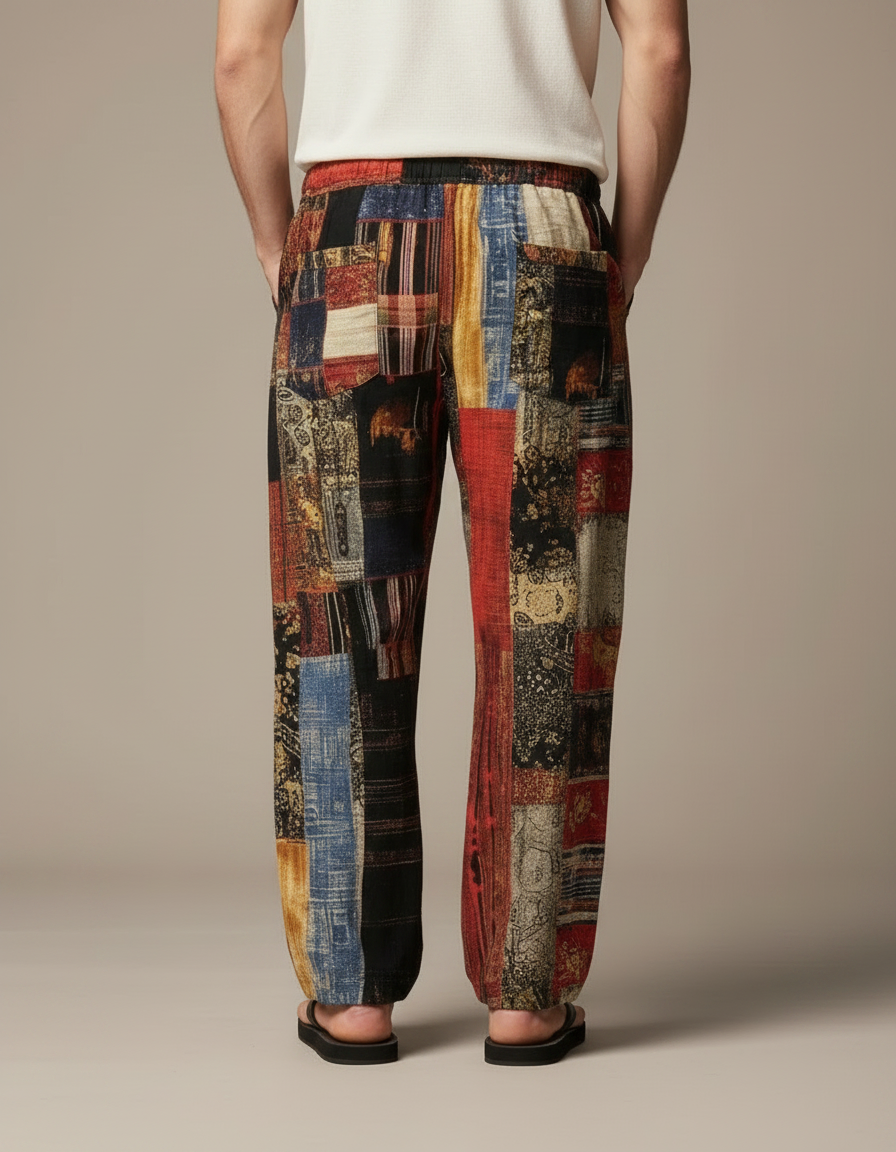 Pantalon Chinois Patchwork Ethnique Ample Lin Homme - Multicolore - vue 2