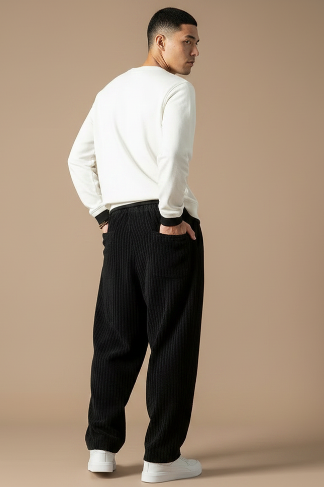 Pantalon Chinois Velours Côtelé Noir Ample Cordon Décontracté - Cordé - vue 2