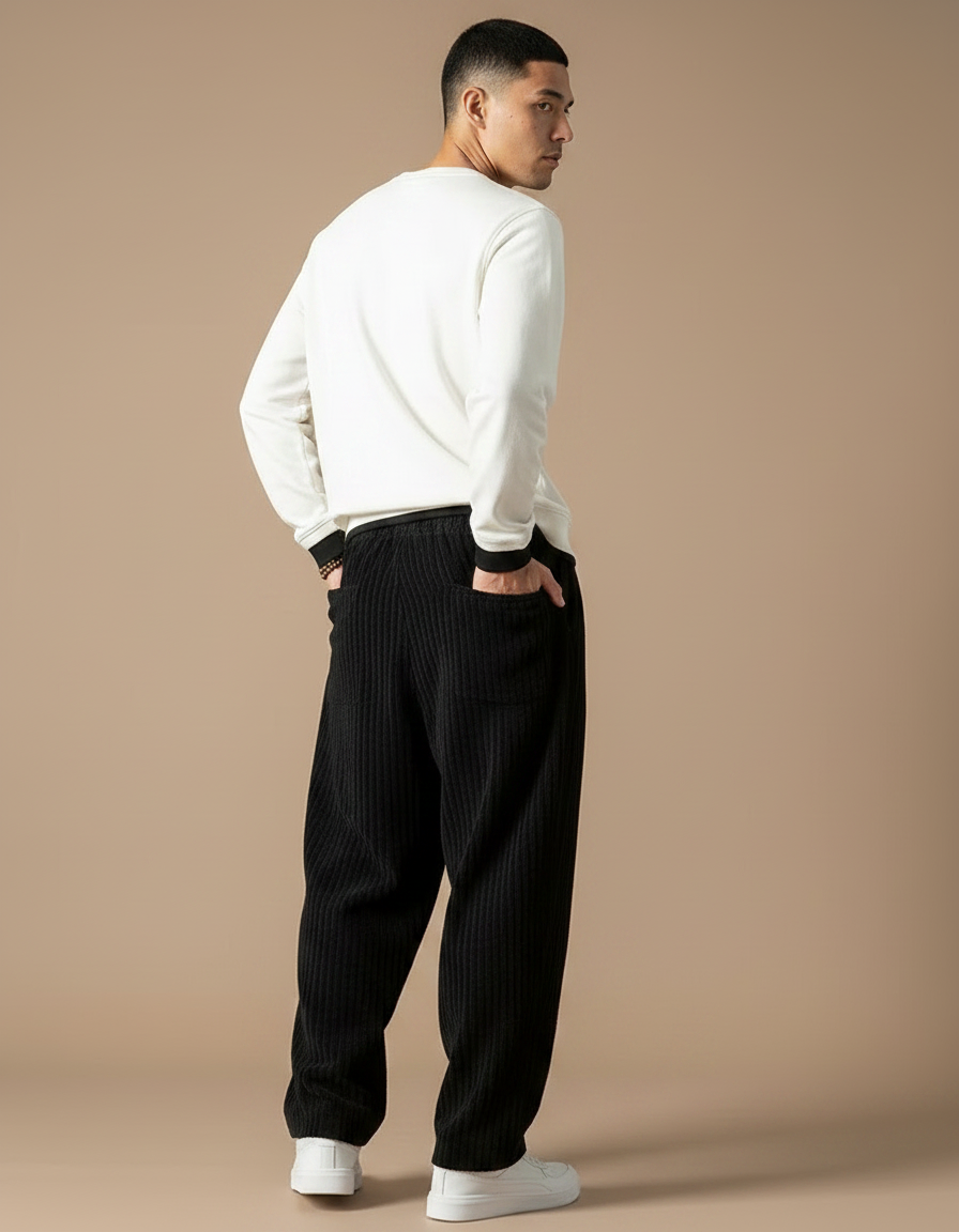 Pantalon Chinois Velours Côtelé Noir Ample Cordon Décontracté - Cordé - vue 2