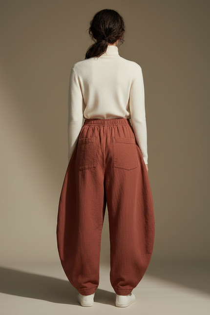 Pantalon Chinois Harem Coton Lin Matelassé Ample - Marron - vue 2