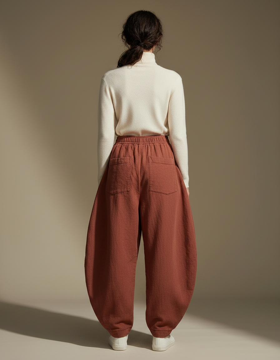 Pantalon Chinois Harem Coton Lin Matelassé Ample - Marron - vue 2