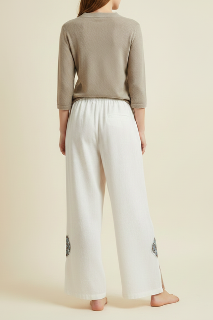 Pantalon Chinois Lin Ample Brodé Fendu Décontracté - Blanc - vue 2