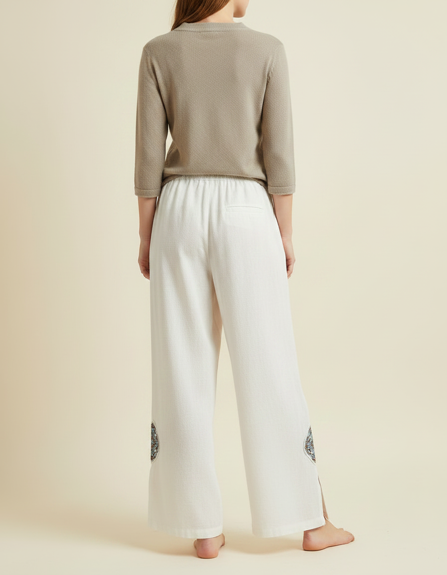 Pantalon Chinois Lin Ample Brodé Fendu Décontracté - Blanc - vue 2