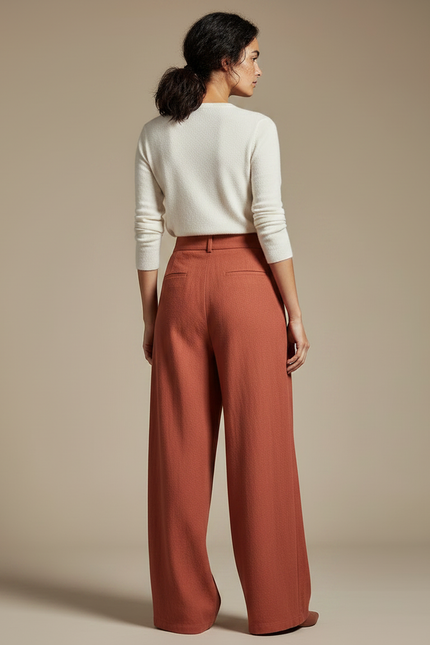Pantalon Chinois Terracotta Ample Plissé Fluide Élégant - Orange Viscose - vue 2