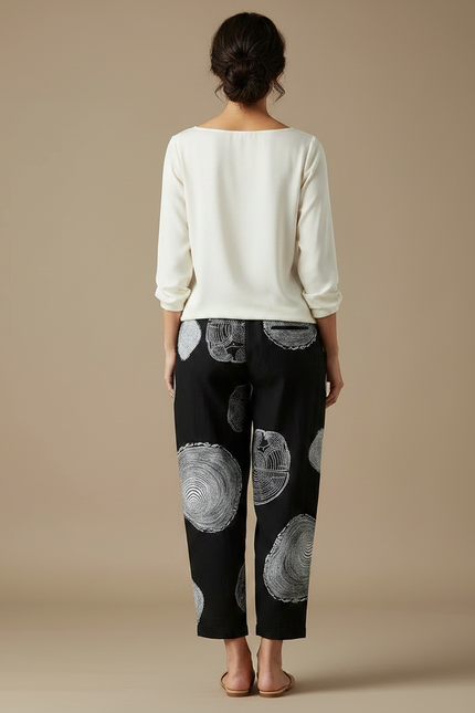 Pantalon Chinois Noir Ample Imprimé Coton Lin - vue 2