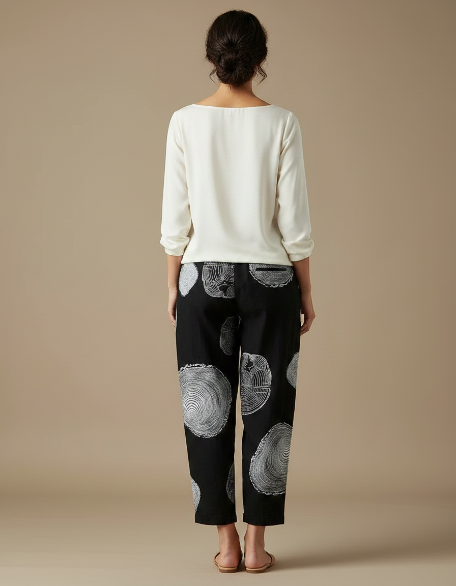 Pantalon Chinois Noir Ample Imprimé Coton Lin - vue 2