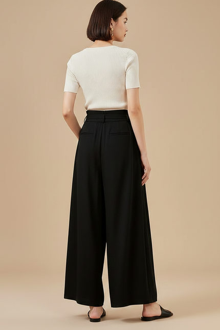 Pantalon Chinois Noir Ample Fluide Ceinturé Élégant - Polyester - vue 2