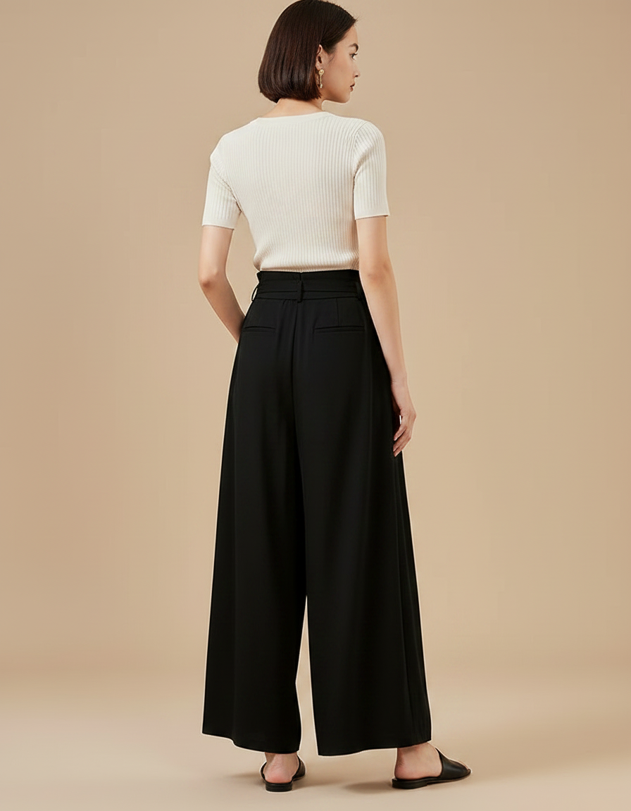 Pantalon Chinois Noir Ample Fluide Ceinturé Élégant - Polyester - vue 2