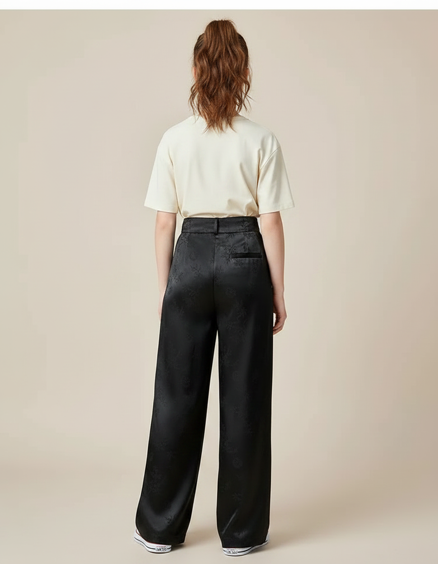 Pantalon Chinois Noir Satiné Ample Imprimé Fille - vue 2
