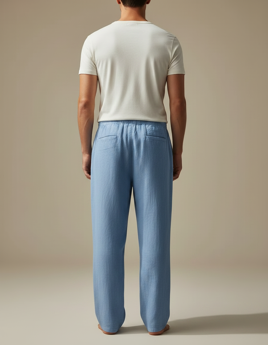 Pantalon Chinois Bleu Lin Ample Cordon Homme - vue 2