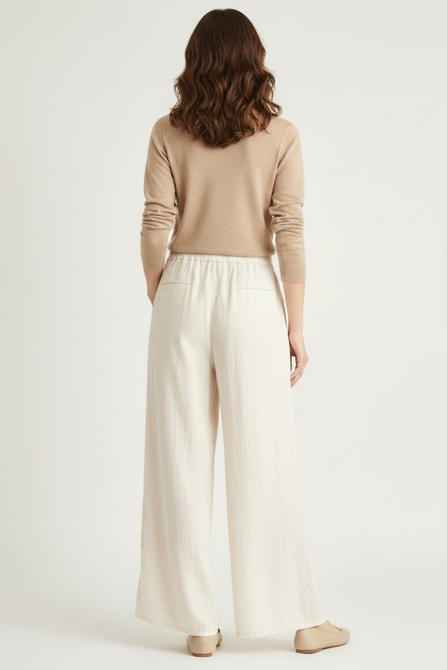 Pantalon Chinois Crème Ample Lin Brodé Traditionnel - Beige - vue 2