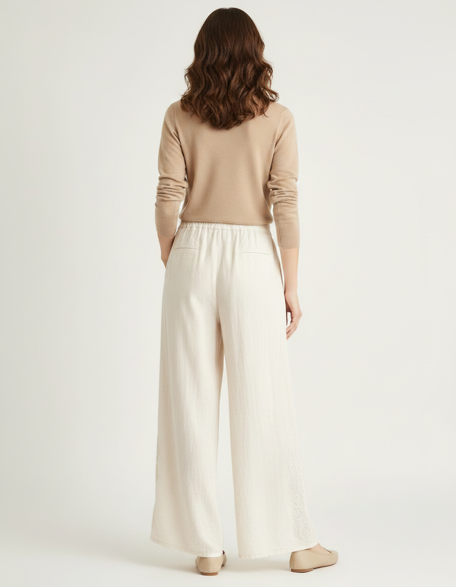 Pantalon Chinois Crème Ample Lin Brodé Traditionnel - Beige - vue 2