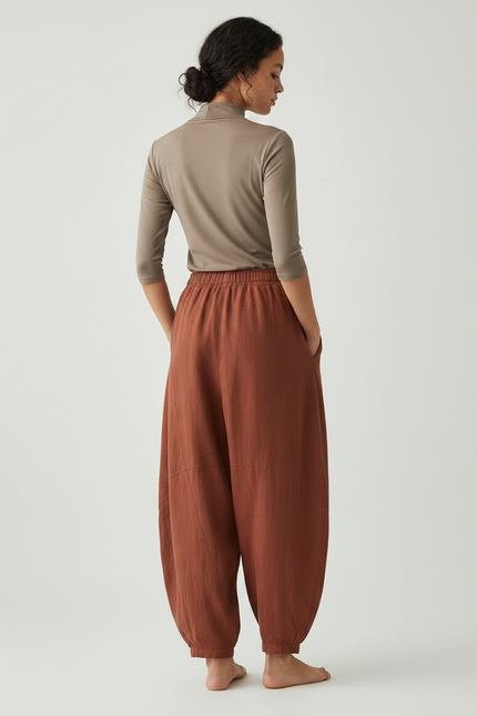 Pantalon Chinois Lin Ample Confortable Marron Femme - vue 2