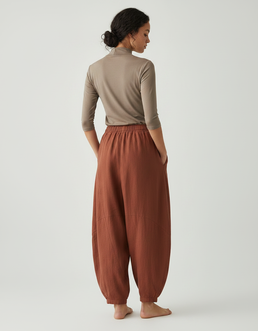 Pantalon Chinois Lin Ample Confortable Marron Femme - vue 2
