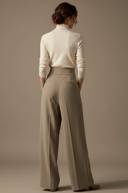Pantalon Chinois Drapé Ample Taille Haute Femme Élégant - Kaki Polyester - vue 2