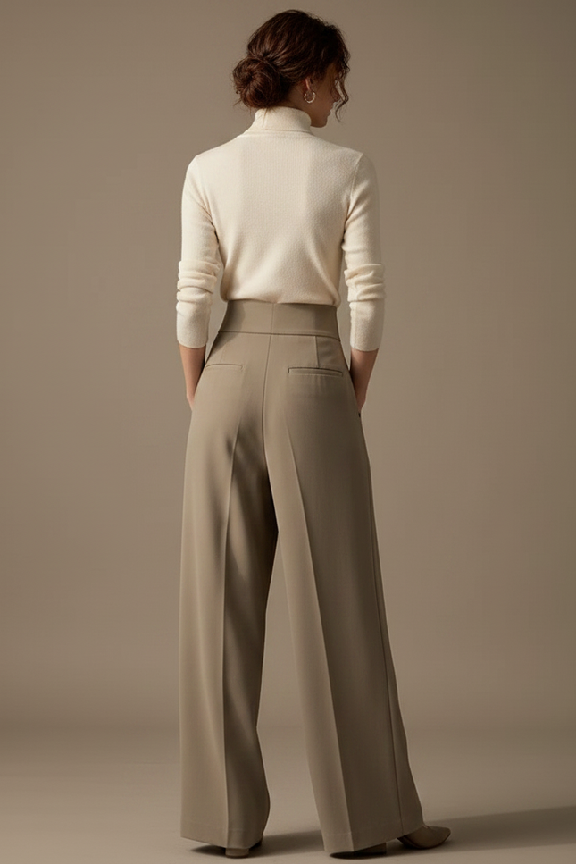Pantalon Chinois Drapé Ample Taille Haute Femme Élégant - Kaki Polyester - vue 2